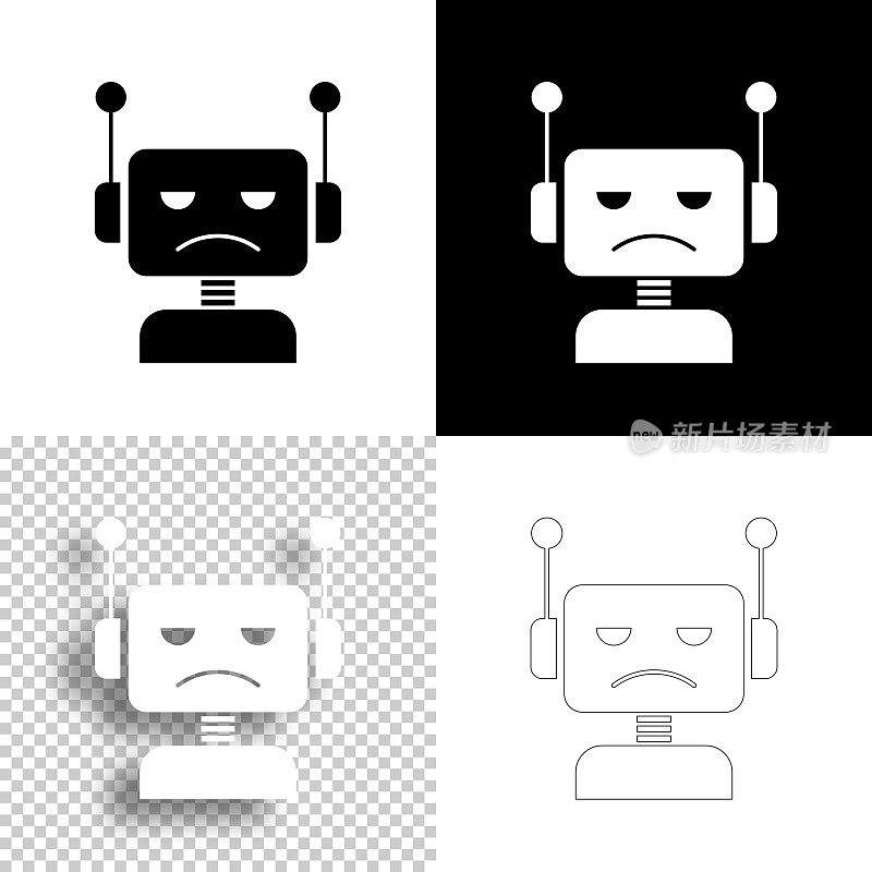可怜的机器人-机器人头。图标设计。空白，白色和黑色背景-线图标