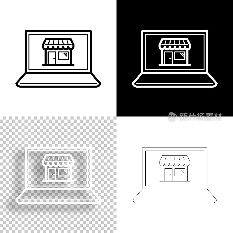 用笔记本电脑在线购物。图标设计。空白，白色和黑色背景-线图标