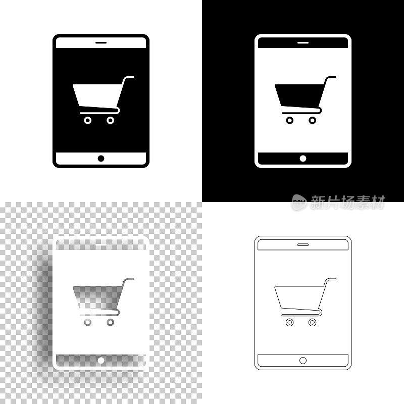 用平板电脑在线购物。图标设计。空白，白色和黑色背景-线图标