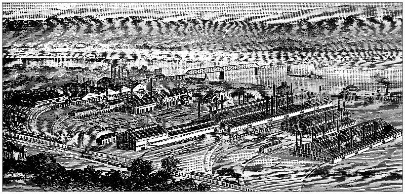 美国，宾夕法尼亚地标和公司的古董插图:Munhall车站，Homestead钢铁厂