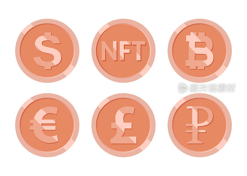 铜币、美元、NFT、比特币、欧元、英镑、卢布套装。