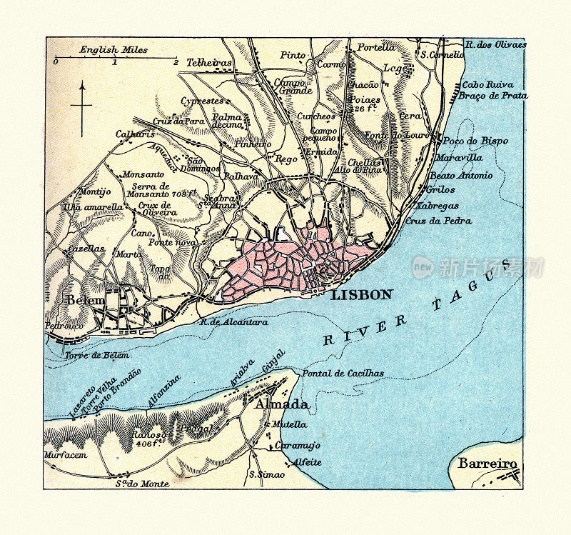 19世纪90年代，维多利亚时代，葡萄牙里斯本的古董地图