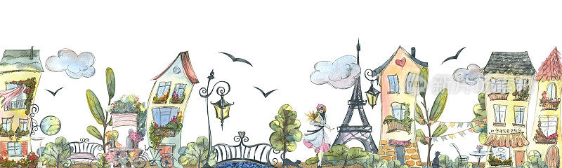 这是一张展示巴黎街道全景的横版，上面有房子、塔楼、咖啡馆和鲜花。大巴黎的素描风格的水彩插图。装饰、设计。