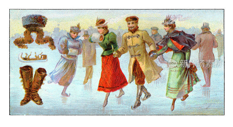 人们在冰冻的湖上滑冰新艺术插画1899