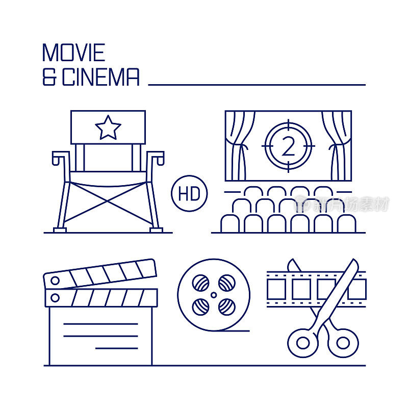 电影及电影相关设计元素。使用大纲图标的模式设计。