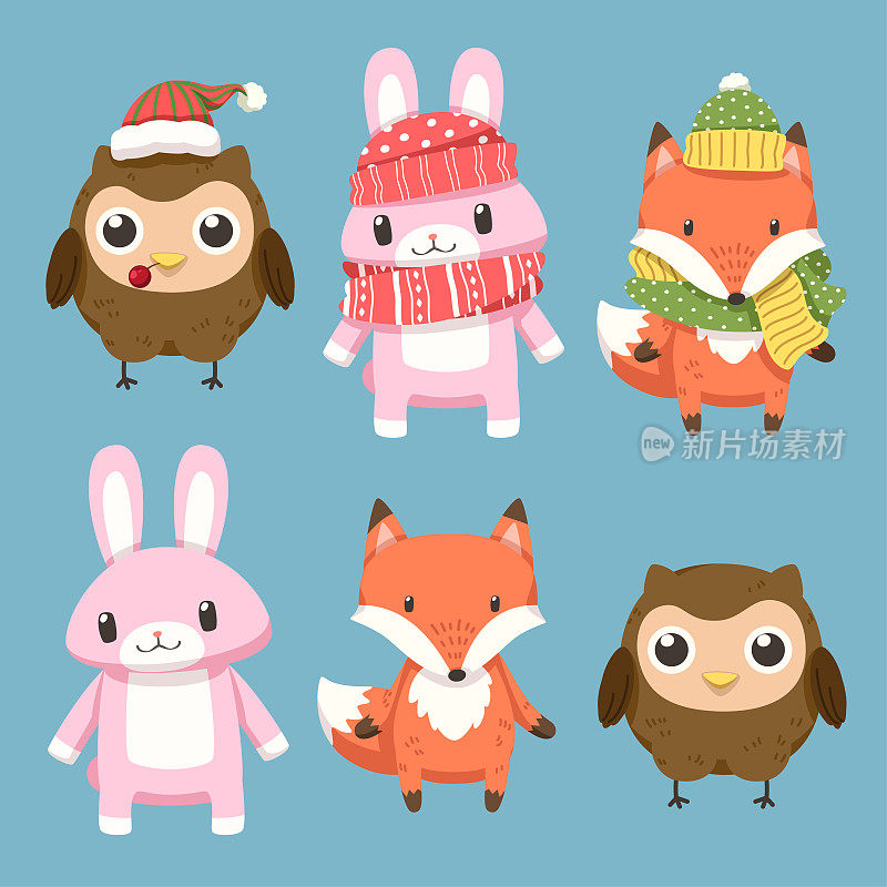 六个圣诞主题动画人物，一只猫头鹰戴着帽子，一只兔子和一只狐狸戴着帽子和围巾。