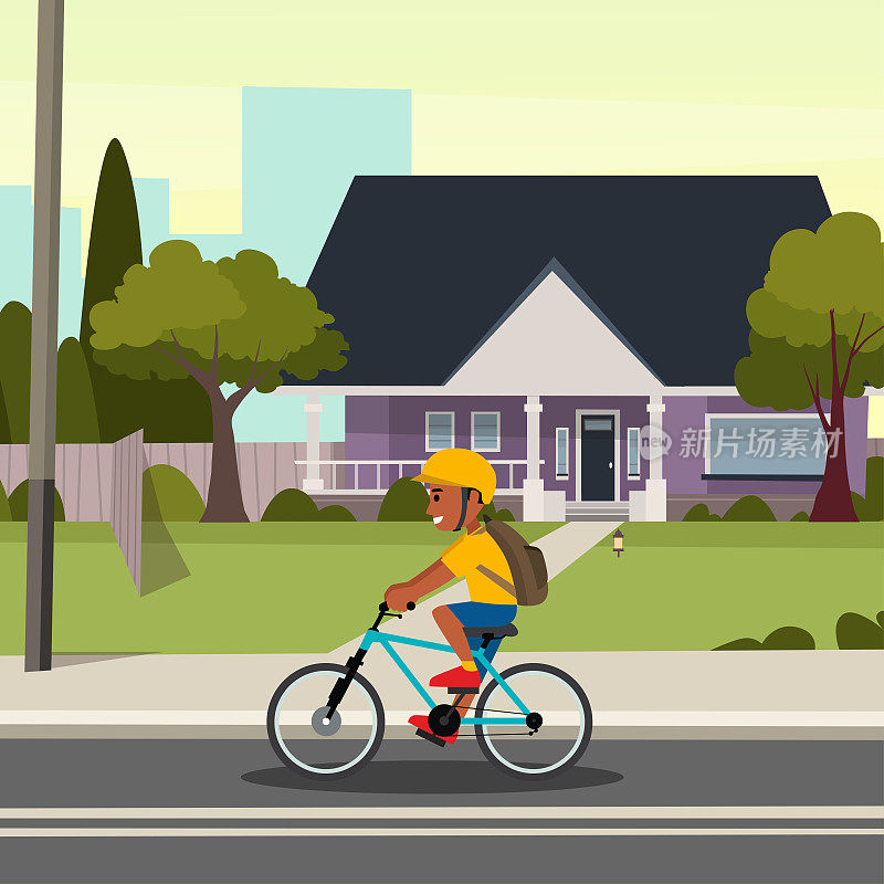 老的复古房子与男孩骑自行车在前面平面矢量插图设计
