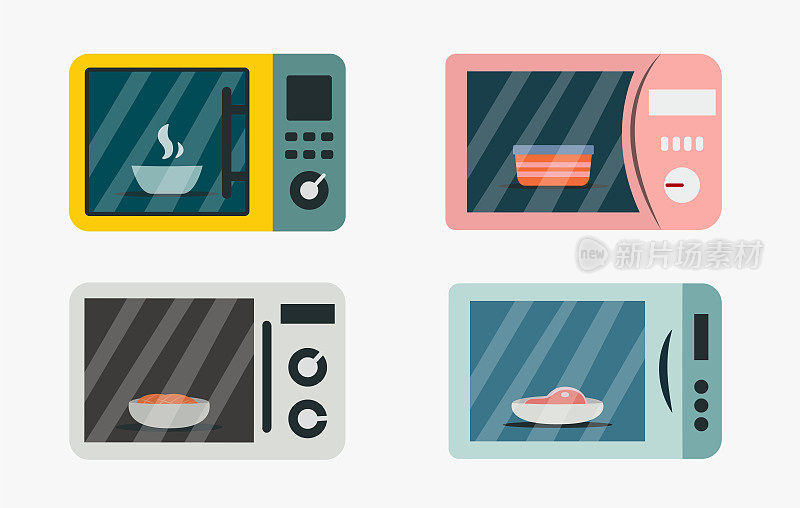 一套卡通风格的彩色微波炉。矢量插图的食物温暖的家里:肉，鱼，汤。