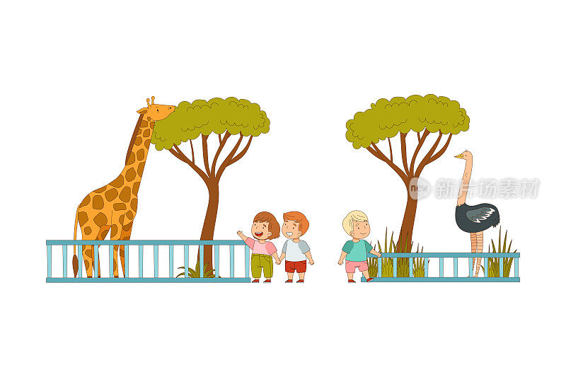 快乐的小男孩和女孩看着鸵鸟和长颈鹿在动物园矢量插图围栏