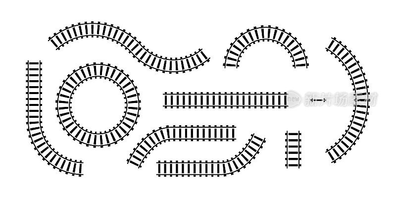 矢量插图曲线铁路孤立在白色背景。直线和曲线铁路列车轨道图标集。俯视图铁路列车路径。