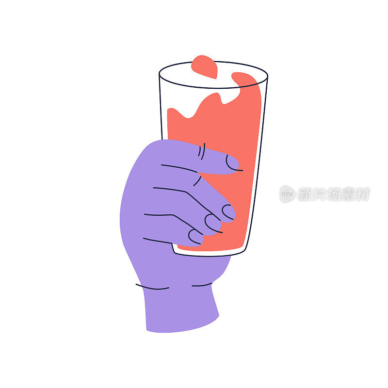 人的手拿着一杯红色饮料。手绘彩色矢量插图