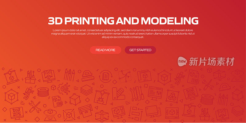 3D打印和建模网页横幅与线性图标，潮流线性风格向量