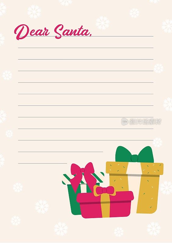 给圣诞老人的矢量信件模板。填写儿童圣诞愿望信的空白表格。空白邮寄信封附有邮票和邮票。