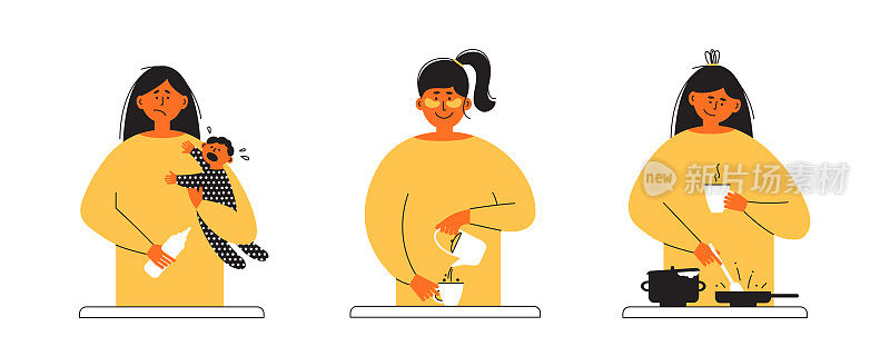 矢量插图的母亲例行公事与疲倦的妈妈抱着喂养哭泣的婴儿，妇女放松与咖啡和做饭自制的饭