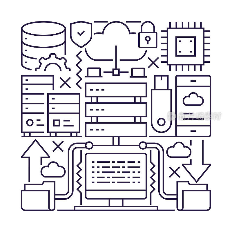 云计算对象和元素。线条图标插图集合。图标设置或横幅模板。