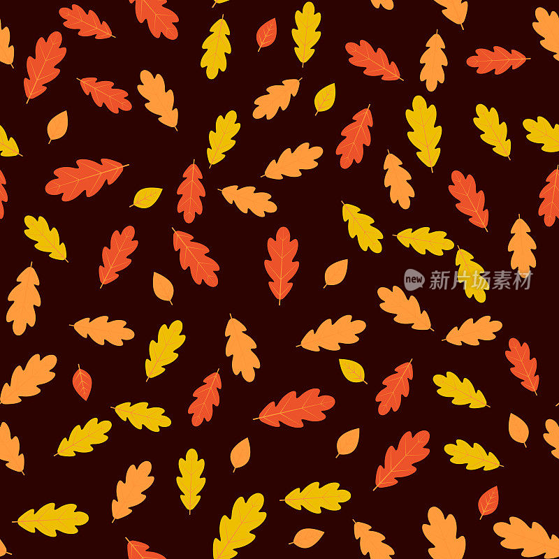 秋叶无缝图案。秋季矢量背景织物，剪贴簿，衣服，包装纸等