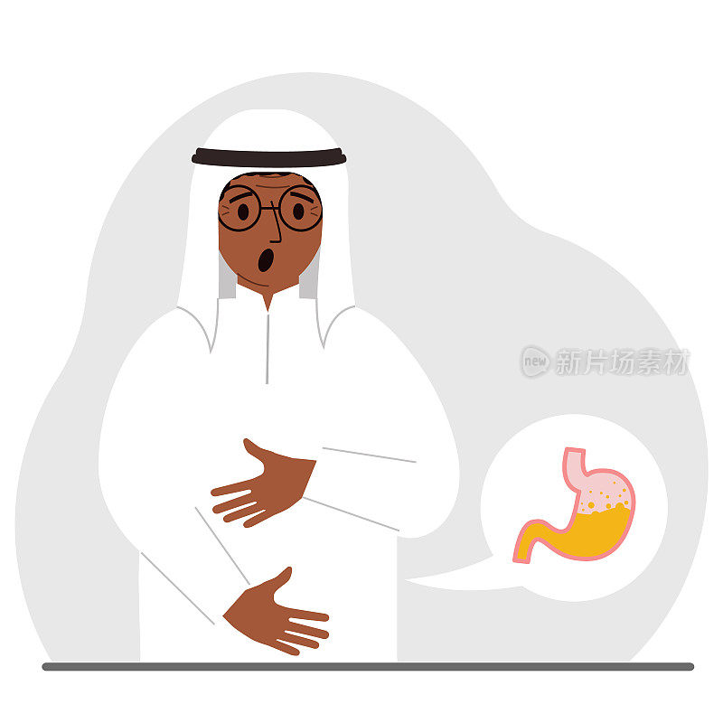 腹部疼痛的概念。阿拉伯人用双手抱住自己的肚子。胃部或消化系统有问题。