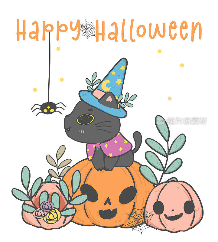 可爱的万圣节黑色小猫猫女巫在橙色南瓜与蜘蛛，动物卡通涂鸦手绘，万圣节快乐