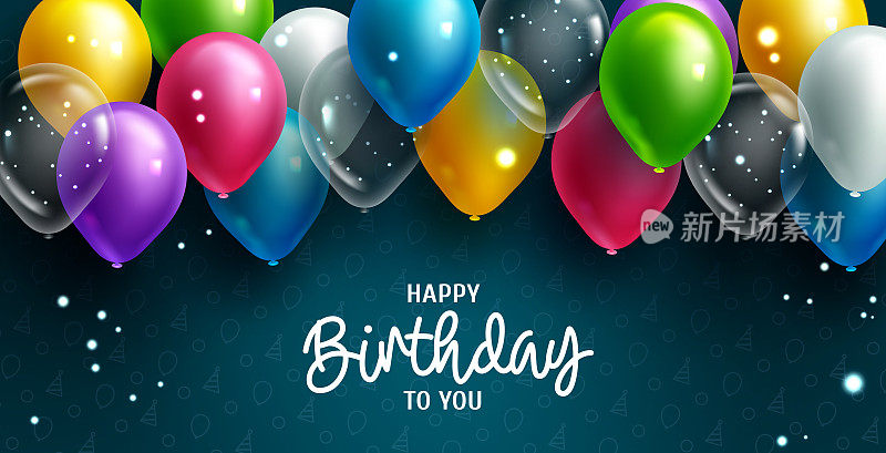 生日庆祝矢量背景设计。祝你生日快乐，文字在图案背景与五颜六色的浮动气球为生日问候。