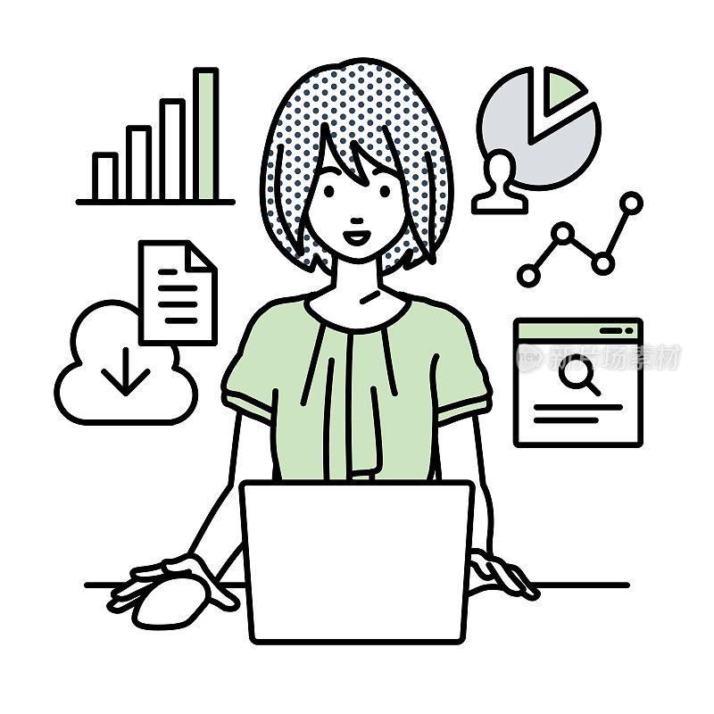 一名休闲风格的女性在办公桌上使用笔记本电脑浏览网站、研究、共享云文件、分析和做报告