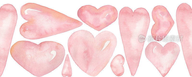 心形边界剪纸，水彩粉彩心形无缝边界插画，粉色精致珊瑚心打印，爱的装饰，情人节，婴儿淋浴图形，婚礼邀请函