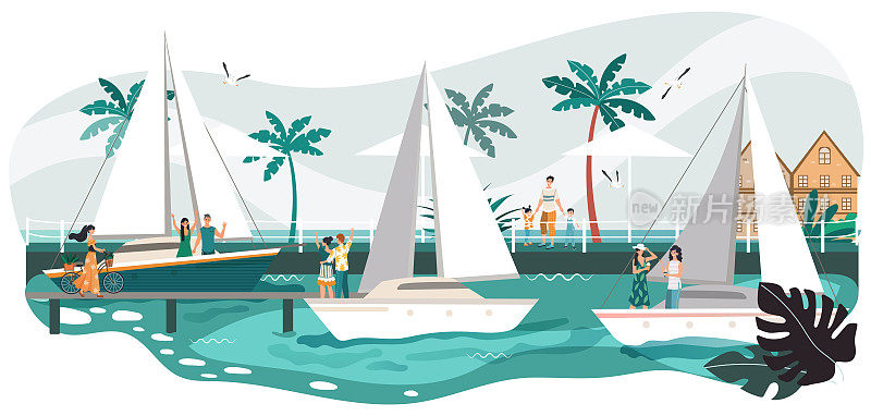 海滨长廊夏日景观，海上游艇上的人，热带度假胜地和海滩上的棕榈树卡通矢量插图。