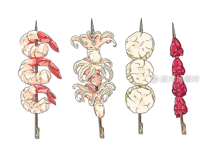 五花肉串上的日式烤肉串