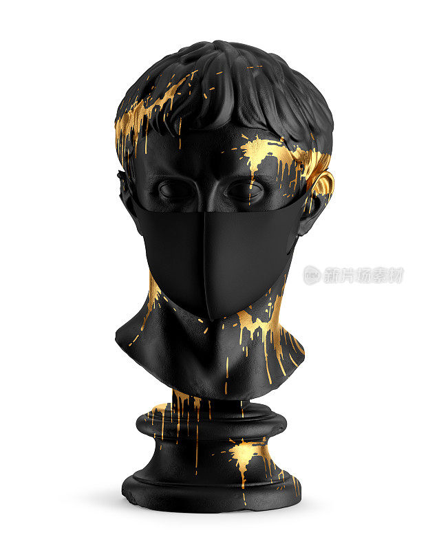 黑色面具上的古董雕塑与金色滴模型