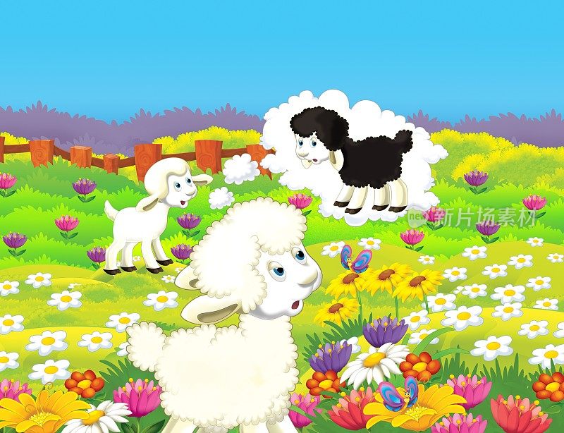 农场生活的卡通场景，羊在草地上玩得很开心-为孩子们做插图