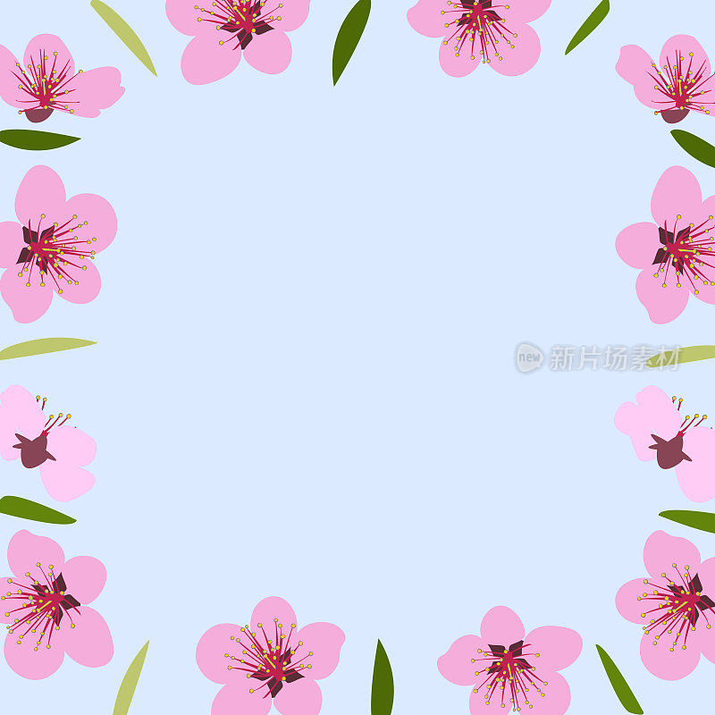 粉红色的花朵和绿色的叶子盛开的背景。矢量图