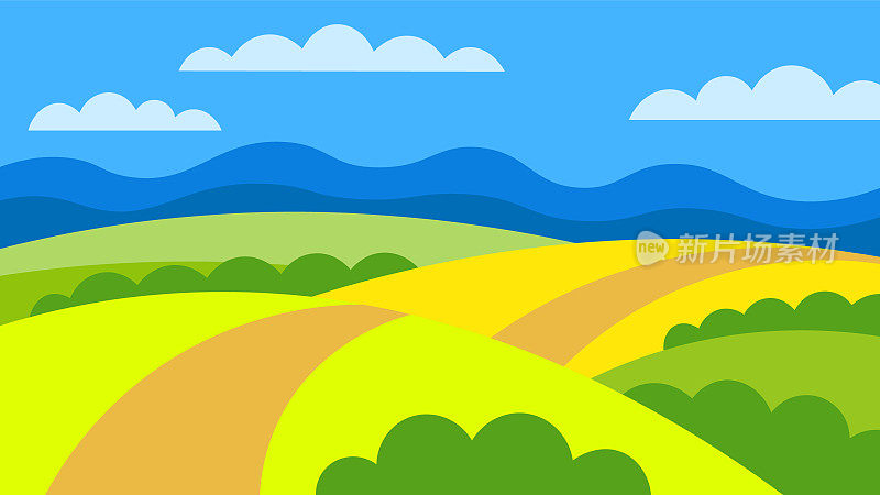 明亮的绿色夏日田野在抽象的山脉背景。