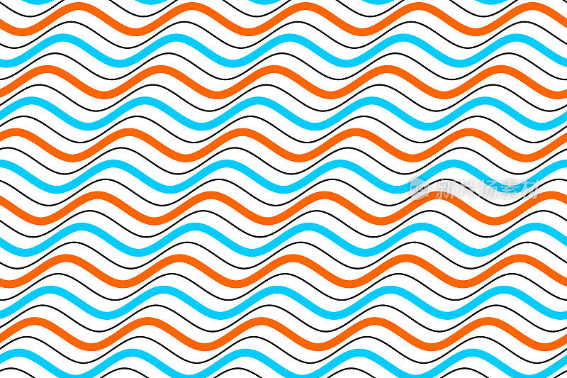 橙色和蓝色的海浪线艺术织物图案在白色的背景矢量。