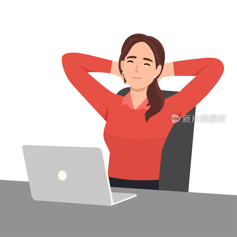 快乐的女商人在办公室的椅子上放松，从电脑工作分心。微笑的女员工在工作场所的办公桌上打盹做白日梦。矢量插图。