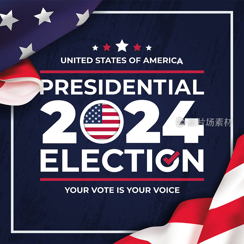 正方形插图矢量图形的美国国旗，总统选举和2024年完美的选举日在美国，美国国旗