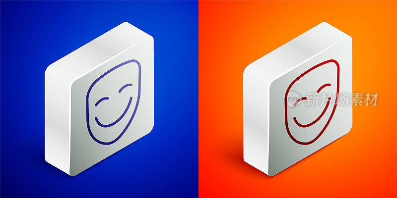喜剧戏剧面具图标孤立在蓝色和橙色背景上。银色方形按钮。向量