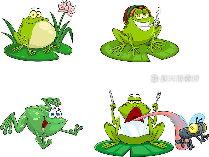 绿青蛙卡通人物。矢量手绘集合集