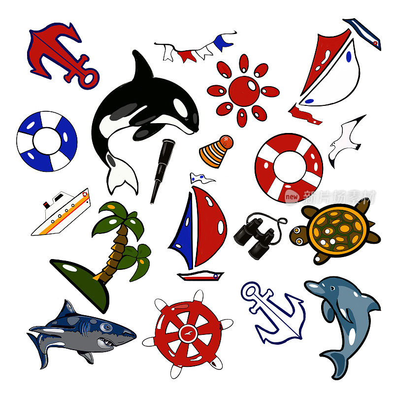 图案大海集，鲸，鱼，贝壳，珍珠，海龟，锚，救生圈，在一个白色的背景