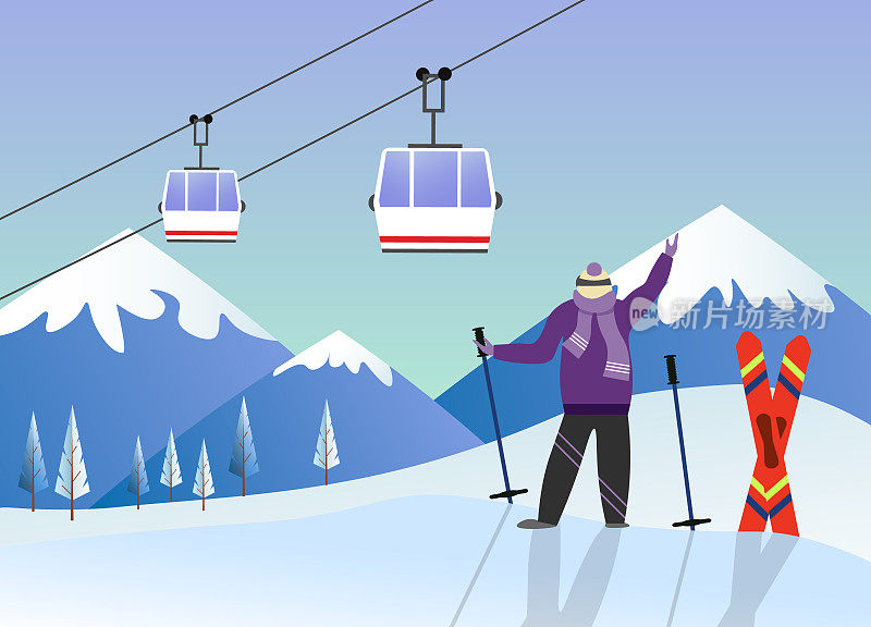 带小木屋的缆车。滑雪运动员拿着滑雪板和滑雪板站着。冬季景观与山脉。寒假配饰。向量。