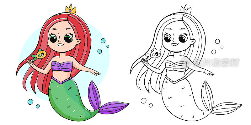 美人鱼着色书与着色的例子为孩子们。美人鱼的涂色页。单色版和彩色版。儿童插图。