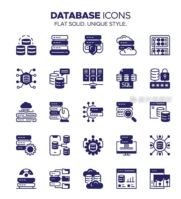 数据库图标集固体风格-数据存储，服务器，网络，数据分析，安全，云计算