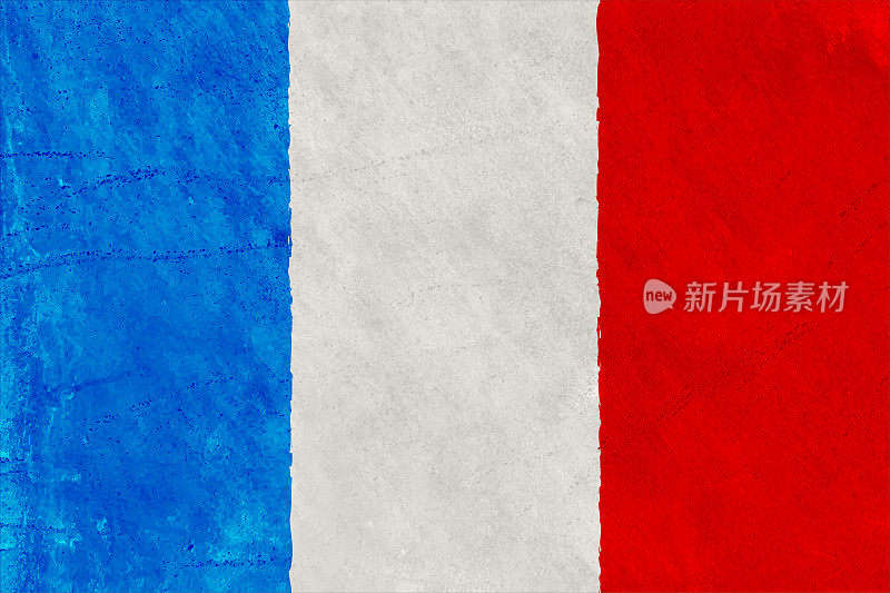水平创意背景的三色条纹或带，在明亮的蓝色，白色和充满活力的红色污迹的颜色，如法国国旗画在粗糙的凹凸不平的纹理效果表面