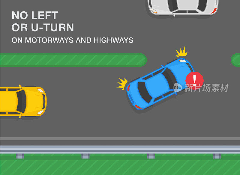 高速公路、高速公路、高速公路的交通规则。禁止在高速公路和高速公路上左转或掉头。一辆蓝色轿车即将左转。前视图。