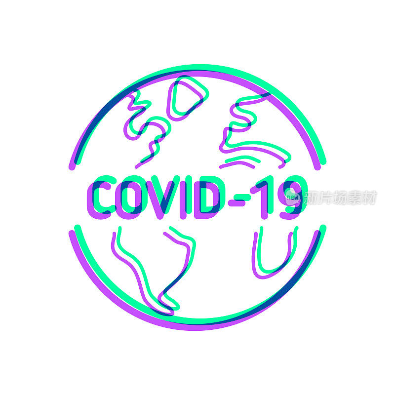 COVID-19在地球上。图标与两种颜色叠加在白色背景上