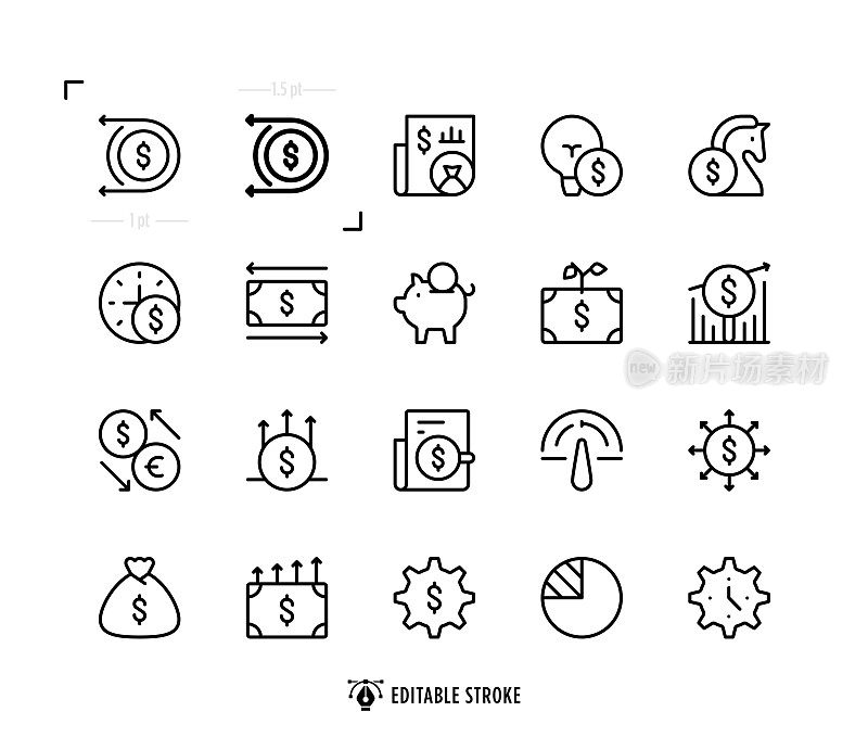 投资回报线图标集。可编辑的中风。像素完美。