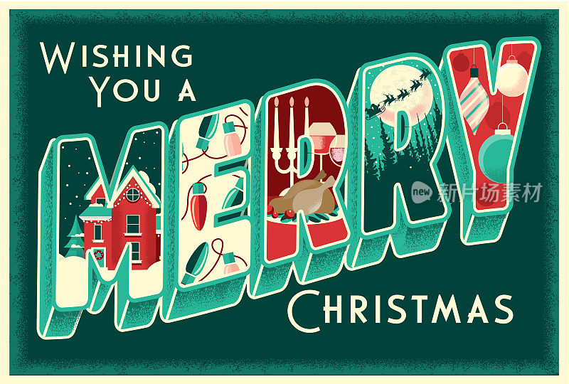 祝你圣诞快乐的问候设计在复古明信片3D字体风格与详细的节日场景在每一封信