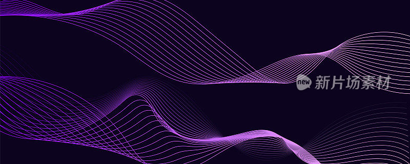 深蓝色抽象背景上的动态蓝色和紫色粒子波。抽象声音可视化。发光粒子波流的数字结构。