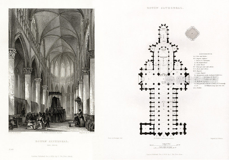 法国大教堂，鲁昂大教堂，鲁昂，法国，古董法国雕刻，1837年