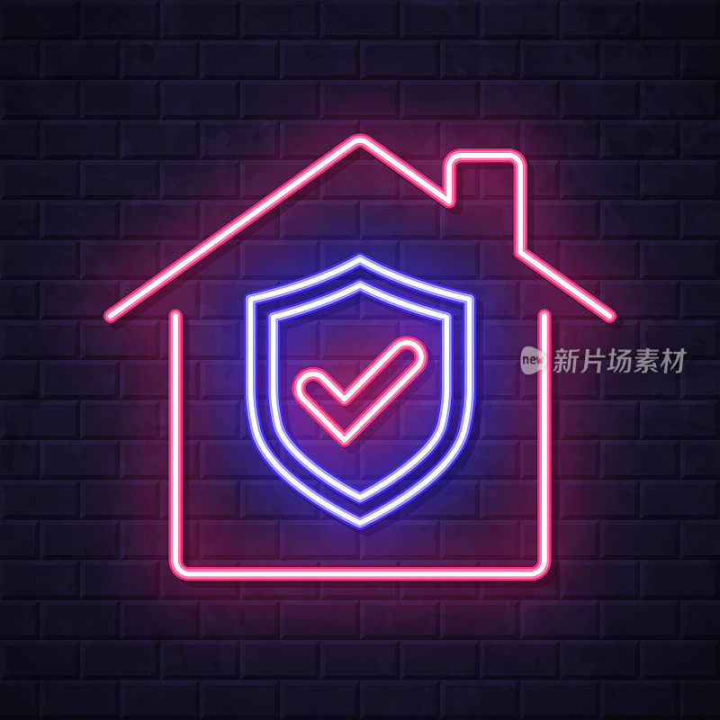 家庭安全-有盾牌的房子。在砖墙背景上发光的霓虹灯图标