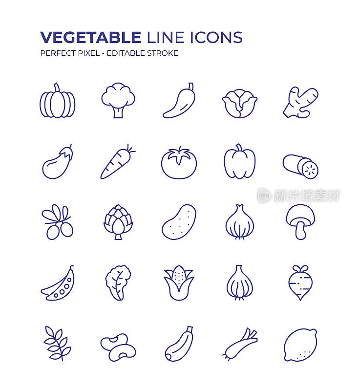 蔬菜编辑线图标集包含南瓜，花椰菜，辣椒，生菜，茄子，胡萝卜，番茄，黄瓜，土豆，洋葱等图标