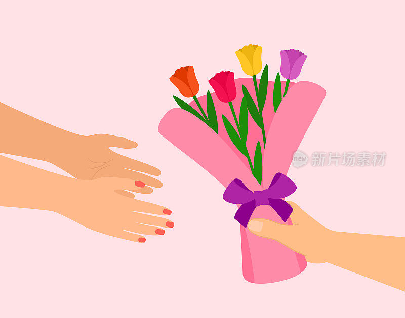 男手将一束郁金香送给女手。庆祝情人节、母亲节、妇女节或生日
